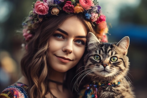 Een vrouw met een bloemenkroon en een kat