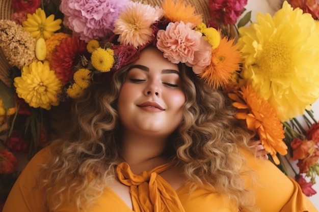 Een vrouw met een bloemenkroon op haar hoofd ligt op een bed