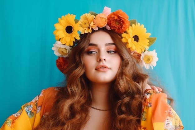 Een vrouw met een bloemenkroon op haar hoofd