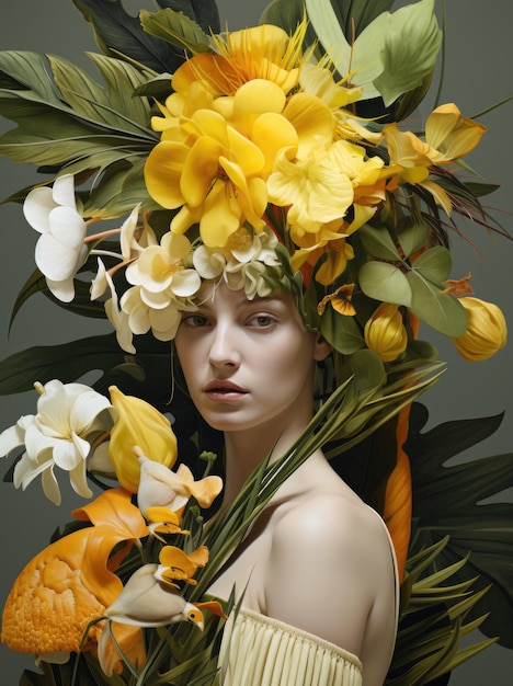 Een vrouw met een bloemenkroon op haar hoofd.