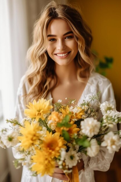 Een vrouw met een boeket bloemen.