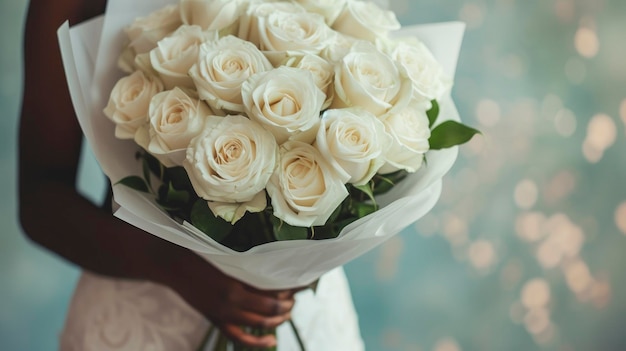 Een vrouw met een boeket witte rozen