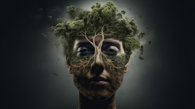 Een vrouw met een boom op haar hoofd