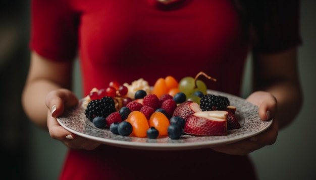 Een vrouw met een bord gourmet bessen dessert genoten gegenereerd door AI