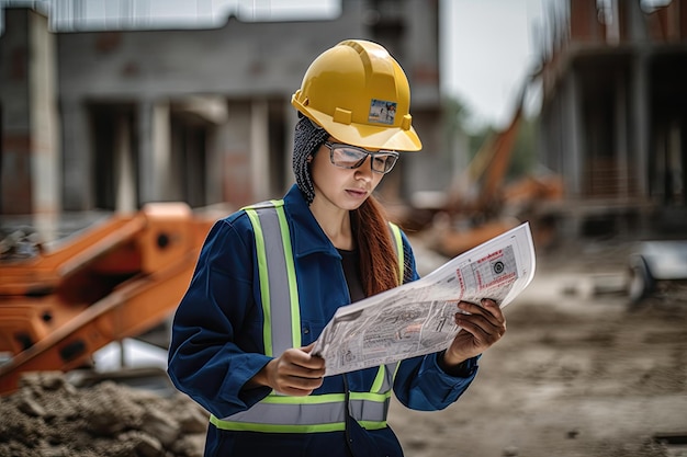 Een vrouw met een bouwvakker die een bouwdocument leest Generatieve Ai