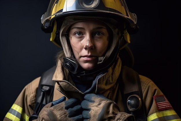 Een vrouw met een brandweerhelm staat in een donkere kamer.