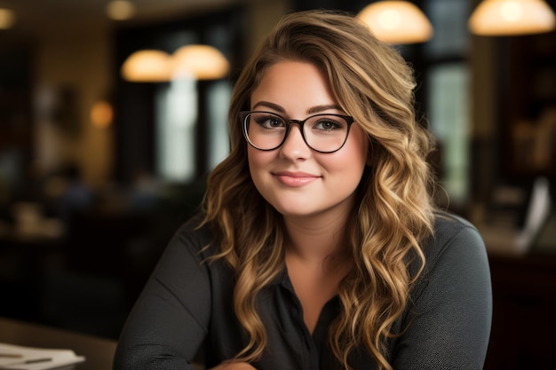 een vrouw met een bril die aan een tafel zit