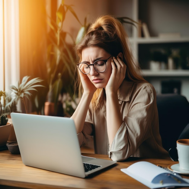 Een vrouw met een bril die naar een laptop en een koffiekopje kijkt.