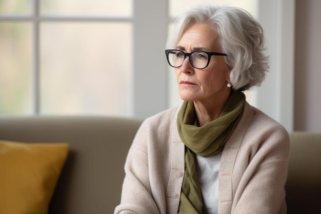 een vrouw met een bril die op een bank zit