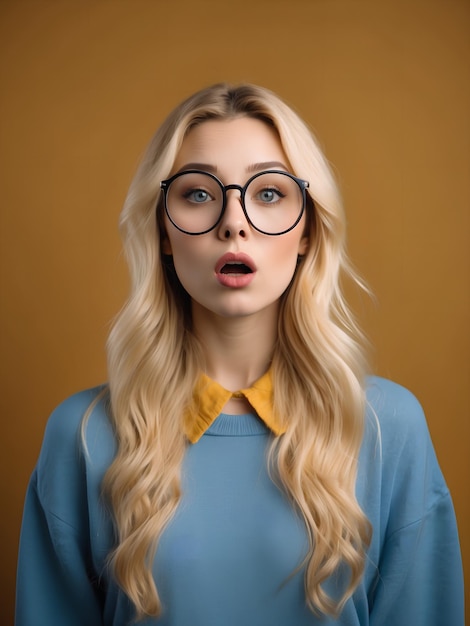 Foto een vrouw met een bril die zegt dat ze een blauw shirt draagt