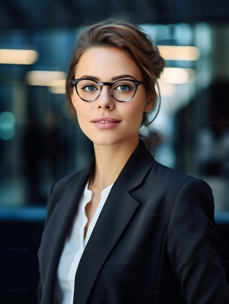 Een vrouw met een bril draagt een pak en een blazer.