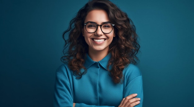 Een vrouw met een bril en een blauw shirt met een glimlach die "glimlach" zegt.