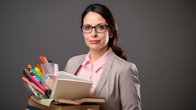 Een vrouw met een bril en een doos boeken in haar handen houdt een doos boeken vast.