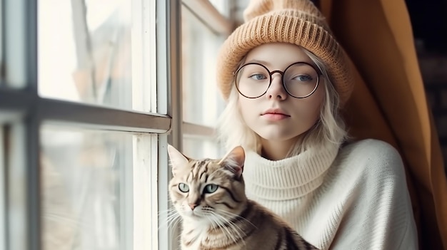 Een vrouw met een bril en een kat op haar schouder.