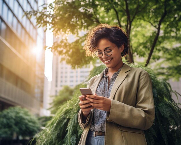 een vrouw met een bril gebruikt een smartphone in de stad