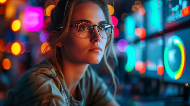 Foto een vrouw met een bril in het centrum van bewaking en informatieverwerking observeert en volgt operaties