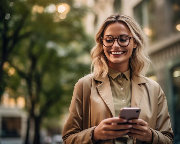 een vrouw met een bril kijkt naar haar telefoon en glimlacht