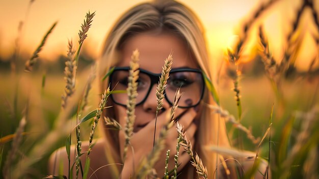 Foto een vrouw met een bril leunt over een grasveld en de zon staat achter haar