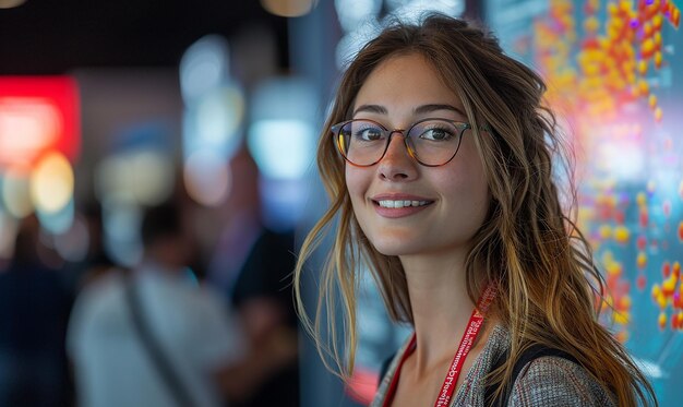 een vrouw met een bril met een rode lanyard om haar nek