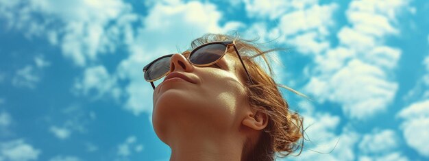 een vrouw met een bril op de achtergrond van de lucht