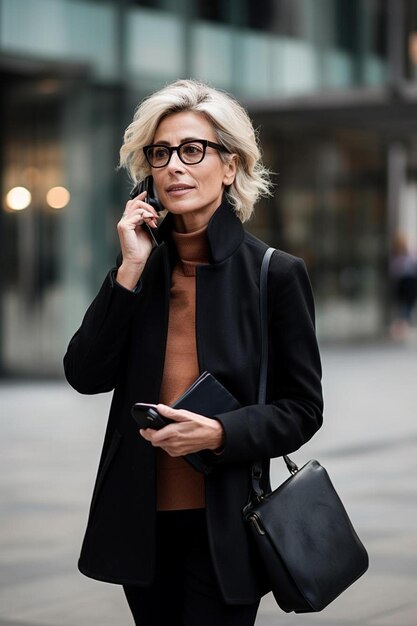 Foto een vrouw met een bril praat op een mobiele telefoon