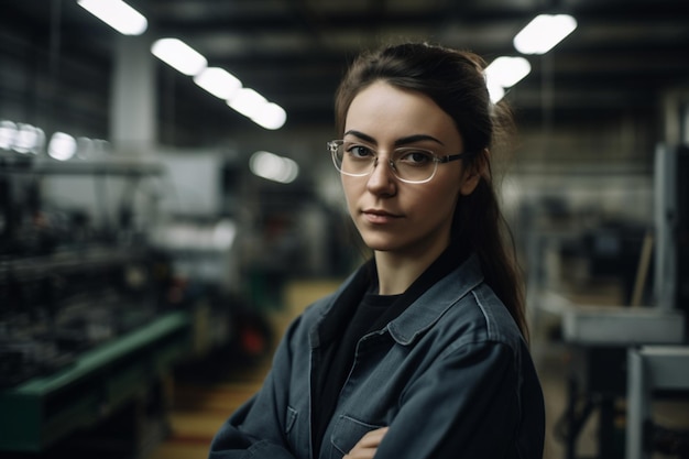 Een vrouw met een bril staat in een fabriek