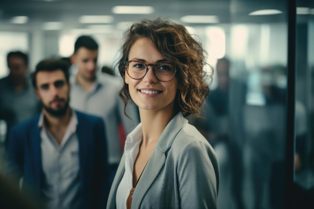 Een vrouw met een bril staat naast enkele mensen in een AI-generatief kantoor