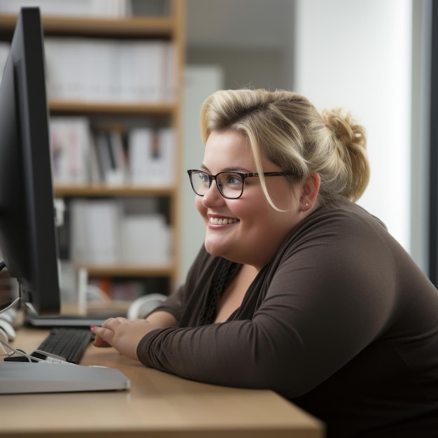 een vrouw met een bril zit aan een bureau achter een computer