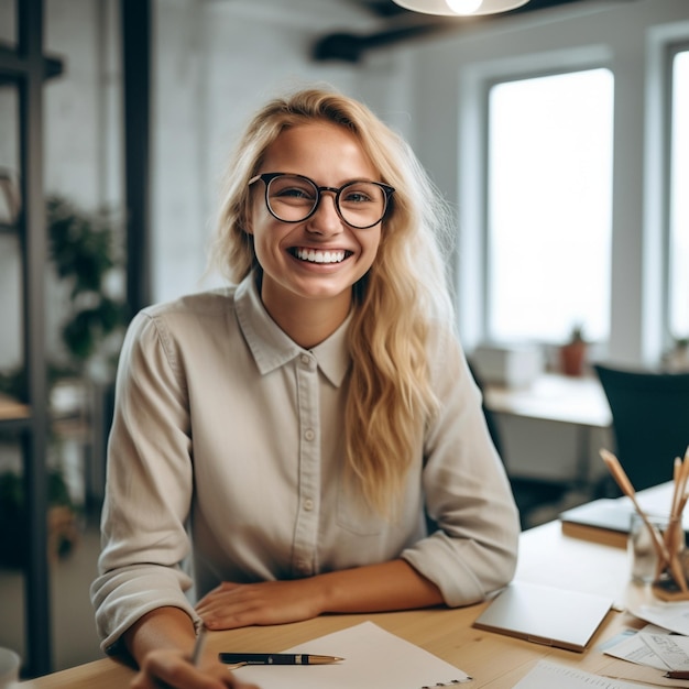 Een vrouw met een bril zit aan een bureau met pen en papier.