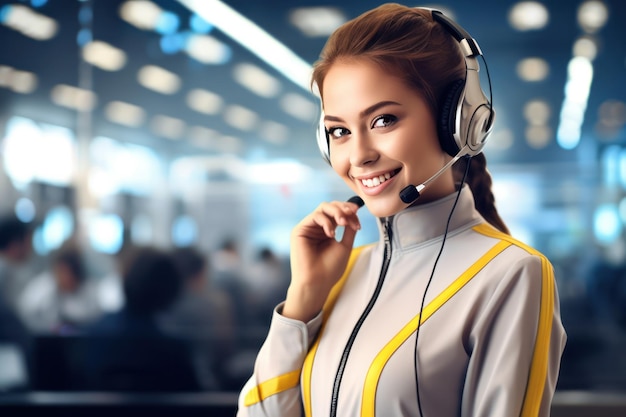 een vrouw met een callcenter-headset glimlachend en gekleed in een zwart shirt witte achtergrond Generatieve AI