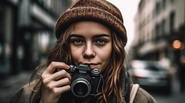 Een vrouw met een camera in een stad