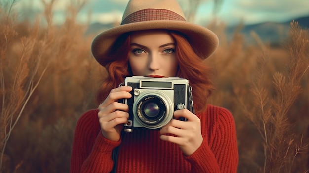 Foto een vrouw met een camera in een veld