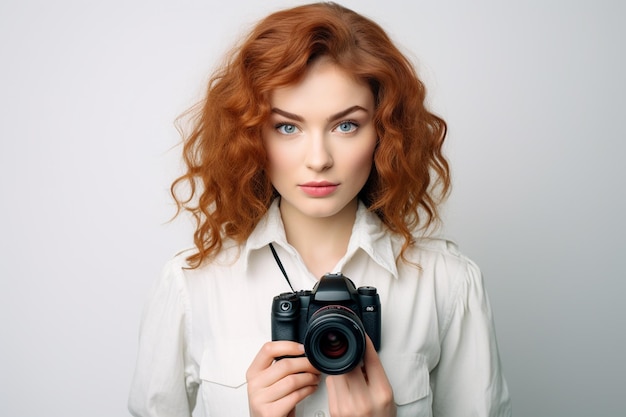 een vrouw met een camera met een zwarte riem die rood zegt
