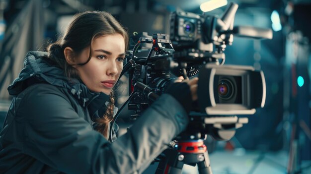 Foto een vrouw met een camera voor een camera geschikt voor technologie en fotografie concepten