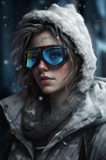 Een vrouw met een capuchon en een bril waarop 'sneeuw' staat