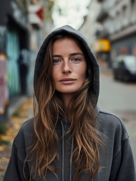 een vrouw met een capuchon in de stadsstraat