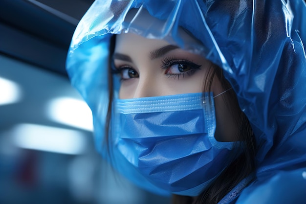 Een vrouw met een chirurgisch masker en blauwe scrubs