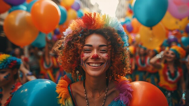 Foto een vrouw met een clown gezicht en ballonnen op de achtergrond