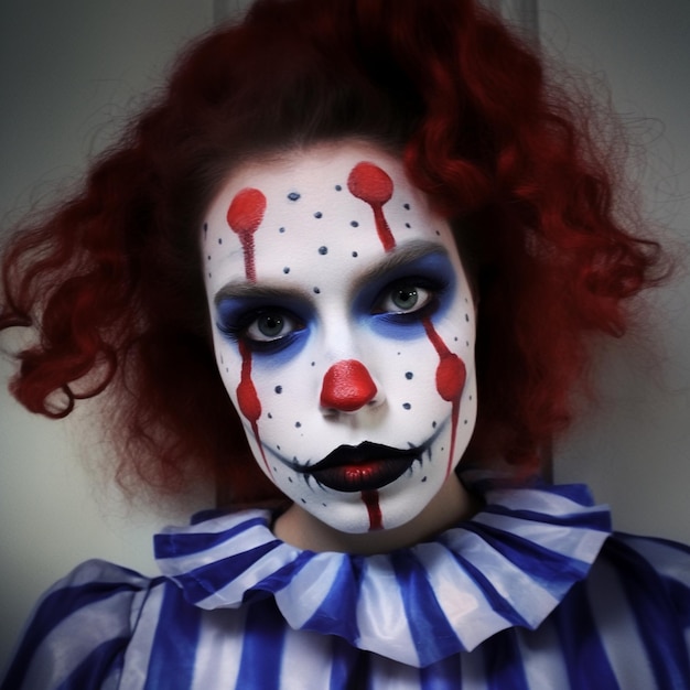 een vrouw met een clown gezicht en de ogen er op geschilderd