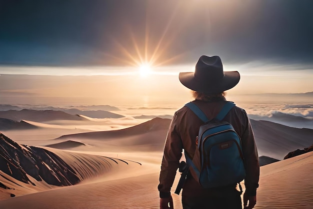 Een vrouw met een cowboyhoed kijkt naar de zonsondergang