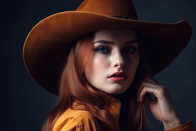 Een vrouw met een cowboyhoed poseert voor een donkere achtergrond