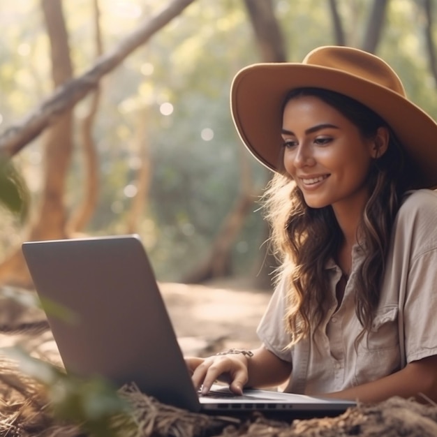 een vrouw met een cowboyhoed typt op een laptop