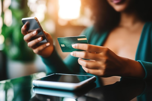 Een vrouw met een creditcard en een telefoon met een groene kaart in haar hand generatieve ai