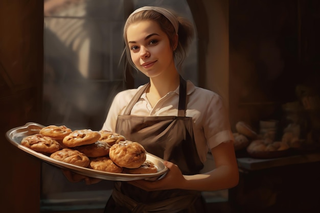 Een vrouw met een dienblad met gebak in een bakkerij.