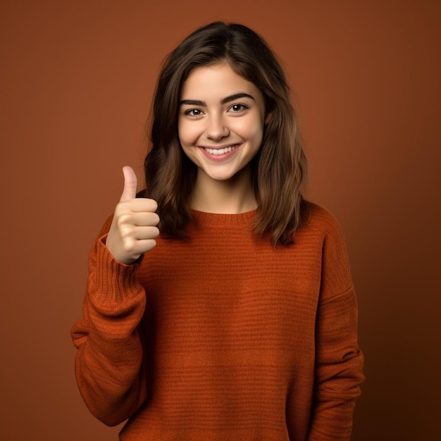 Een vrouw met een duim omhoog teken dat duimen omhoog zegt.