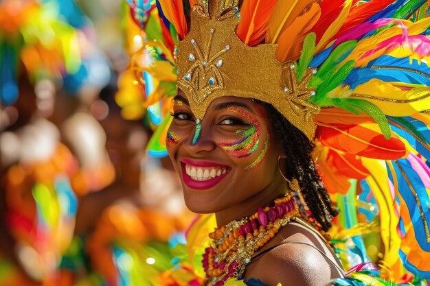 Een vrouw met een felkleurig hoofdstuk glimlacht naar de camera Mensen gekleed in levendige kostuums vieren het Braziliaanse carnaval AI gegenereerd