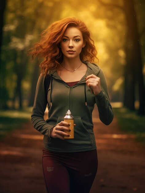 Een vrouw met een fles water in een bos