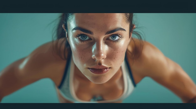 een vrouw met een freckles op haar gezicht wordt getoond met een foto van een vrouw die yoga oefeningen doet