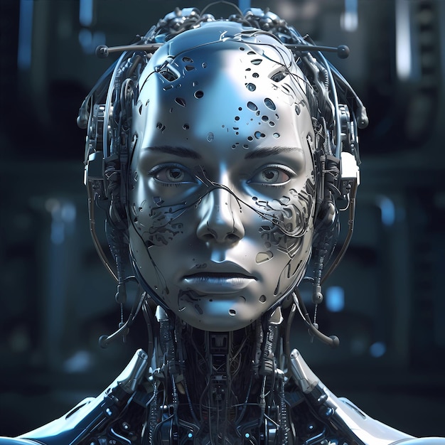 Een vrouw met een futuristisch gezicht en de woorden " robot " op de onderkant.