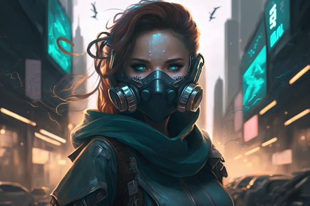 Een vrouw met een futuristisch masker is te zien in een cyberpunkmetropool in een illustratiekunstwerk